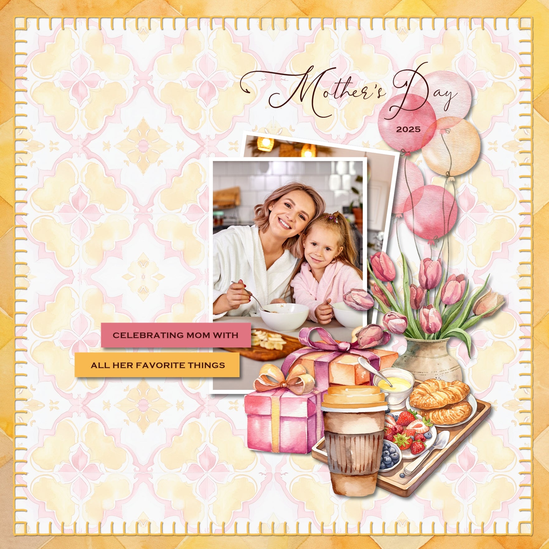 Add a touch of warmth to your summer, spring, Mother's Day, birthday, and girl-themed pages with these beautiful watercolor embellishments, pretty background papers, floral frames, clusters, and alpha set in tones of pinks and yellows by Lucky Girl Creative digital art for digital scrapbooking. Embellishments include kitty cat, puppy dog, balloon, bicycle, bike, books, tea cup, flowers, roses, bouquet, wildflowers, breakfast in bed tray, butterfly, VW bug, castle, clipboard, bookcase, blouse, and more.