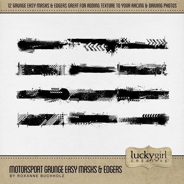 Create your own unique effects with these grunge easy masks & edgers by Lucky Girl Creative digital art that will add a subtle or bold effect to your digital scrapbooking pages. Fill the masks with your favorite color, photo, or paper. Great for trips to the speedway, raceway, classic car collectors, and road trips. In Photoshop, add the photo mask to your page, overlay with your favorite photo or digital paper, and create a clipping path for a stunning result. 
