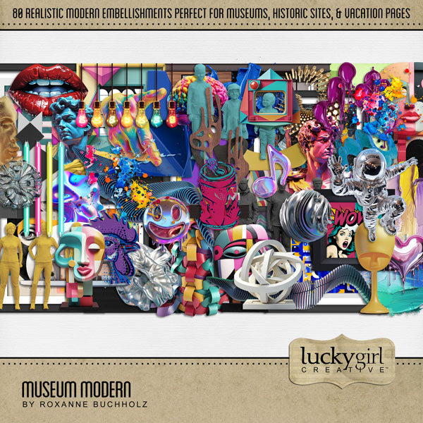 Beautifully curated by Lucky Girl Creative digital art, the Museum Modern digital scrapbook kit features realistic modern art gallery pieces including paintings, sculpture, architecture, furniture, and posters. Perfect for documenting school field trips to the museum, vacations to modern art sites, travel, children's artwork, hobbies, and more! Embellishments include framed modern art, astronaut, abstract, colorful brain, Cubism, Pop Art, and more.