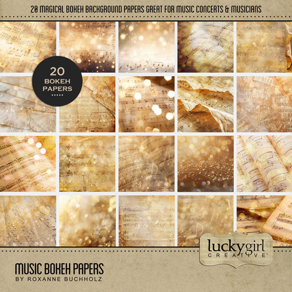 With golden tones, these musical note bokeh papers by Lucky Girl Creative digital art will add a magical look to your digital scrapbooking backgrounds. Use to create one-of-a-kind beautiful backgrounds of music concerts, recitals, and the theater. Great for New Year's, anniversary, and wedding, too! This kit is included in the Paper Duo Music Bokeh Kit.
