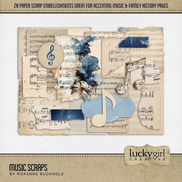 Accent your scrapbooking pages with these beautiful vintage pieces of musical ephemera by Lucky Girl Creative digital art. Great for classic music lovers, musicians, and musical performances including recitals, concerts, band, theater, and anything music related. This kit is included in the Blue Danube Bundle.