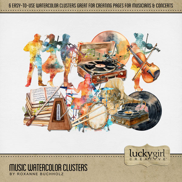 These easy-to-use watercolor cluster embellishments by Lucky Girl Creative digital art are perfect for musical performances, recitals, singing, concerts, band, choir, theatre, theater, weddings, and anything music or song related. Cluster embellishments include music notes, record player, vinyl record, musician, drummer, violinist, conductor want, sheet music, gramophone, and metronome. This kit is included in the Music Watercolor Bundle.