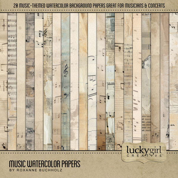 Perfect for musical performances, recitals, singing, concerts, band, choir, theatre, theater, weddings, and anything music or song related, these background papers by Lucky Girl Creative digital art can be used for journaling cards, programs, digital scrapbooking pages, or creating one-of-a-kind greeting cards. This kit is included in the Music Watercolor Bundle.