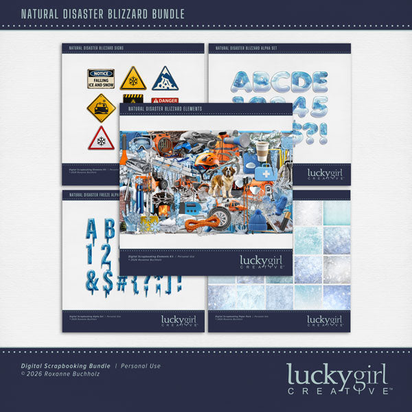 These realistic blizzard embellishments, icy papers, metal signs, and alpha sets by Lucky Girl Creative digital art will add a bit of authenticity to your winter digital scrapbooking pages. Perfect for blizzard, winter, snow, skiing, snowboarding, ice skating, and ice fishing as well as outdoor and nature pages! Embellishments include dog, St. Bernard, battery, cable, wench, car, auto, carabiner, cell tower, chimney, ice, coffee, evergreen bough, pine, fireplace, stove, first aid kit, flashlight, globe