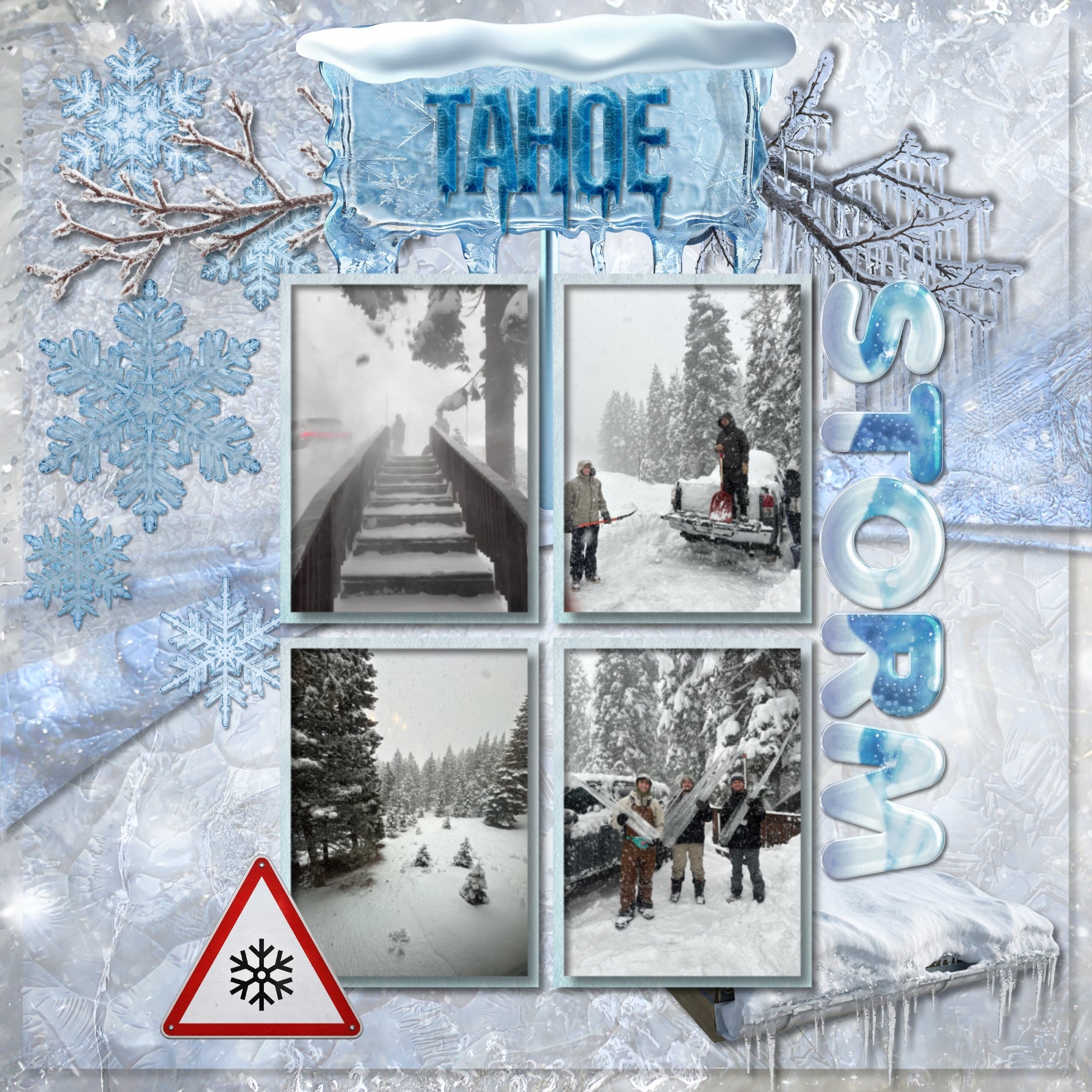 These realistic blizzard embellishments, icy papers, metal signs, and alpha sets by Lucky Girl Creative digital art will add a bit of authenticity to your winter digital scrapbooking pages. Perfect for blizzard, winter, snow, skiing, snowboarding, ice skating, and ice fishing as well as outdoor and nature pages! Embellishments include dog, St. Bernard, battery, cable, wench, car, auto, carabiner, cell tower, chimney, ice, coffee, evergreen bough, pine, fireplace, stove, first aid kit, flashlight, globe