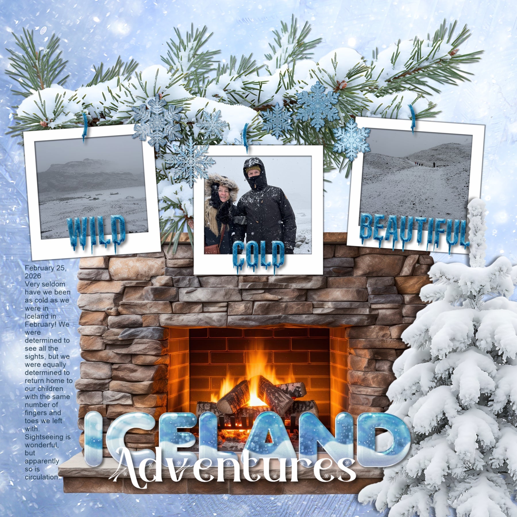 These realistic blizzard embellishments, icy papers, metal signs, and alpha sets by Lucky Girl Creative digital art will add a bit of authenticity to your winter digital scrapbooking pages. Perfect for blizzard, winter, snow, skiing, snowboarding, ice skating, and ice fishing as well as outdoor and nature pages! Embellishments include dog, St. Bernard, battery, cable, wench, car, auto, carabiner, cell tower, chimney, ice, coffee, evergreen bough, pine, fireplace, stove, first aid kit, flashlight, globe