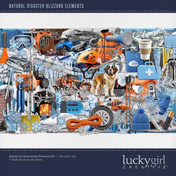 These realistic blizzard embellishments by Lucky Girl Creative digital art will add a bit of authenticity to your winter digital scrapbooking pages. Perfect for blizzard, winter, snow, skiing, snowboarding, and ice fishing as well as outdoor and nature pages! Embellishments include dog, St. Bernard, battery, cable, wench, car, auto, carabiner, cell tower, chimney, ice, coffee, evergreen bough, pine, fireplace, stove, first aid kit, flashlight, globe, frozen hand, heater, water bottle, house, branch, icicles