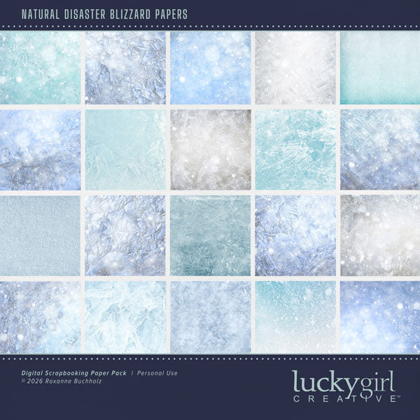 These beautiful frosty ice background papers by Lucky Girl Creative digital art with add a bit of chill to your winter digital scrapbooking pages. Perfect for blizzard, winter, snow, skiing, ice skating, hockey, and snowboarding, as well as outdoor and nature pages! This kit is included in the Natural Disaster Blizzard Bundle.