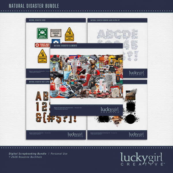 These realistic embellishments, metal signs, easy photo masks, and alpha sets by Lucky Girl Creative digital art will add a bit of authenticity to your natural disaster scrapbooking pages. Perfect for surviving an earthquake, tsunami, hurricane, tornado, high winds, flood waters, drought, blizzard, volcano eruption, and more! Embellishments include phone app, emergency, break glass, ax, destroyed building, ruin, rubble, candle, cyclone, tornado, destroyed sofa, bench, bottle, pants, piggy bank, teddy bear, 