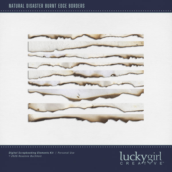 Add fun burnt edge accent papers by Lucky Girl Creative digital art to your digital scrapbooking pages for that touch of authenticity. Perfect for volcano adventures in Hawaii, camping trips, bonfires, and western, as well as outdoor and nature pages! This kit is included in the Natural Disaster Volcano Bundle.