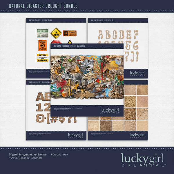 Create one-of-a-kind digital scrapbooking pages with these cracked and weathered realistic embellishments, papers, metal signs, and alpha sets by Lucky Girl Creative digital art. Perfect for drought, summer, desert, savanna, western, cowboy, and dirt bike adventures, as well as outdoor and nature pages! Embellishments include vulture, insect, cockroach, grasshopper, kangaroo mouse, lizard, prairie dog, ran, sheep, turtle, tortoise, bandana, dry, branch, climate, sink hold, cracked earth, dead tree, pipe