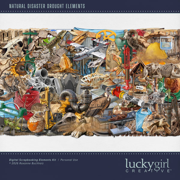 Create one-of-a-kind digital scrapbooking pages with these cracked and weathered realistic embellishments by Lucky Girl Creative digital art. Perfect for drought, summer, desert, savanna, western, cowboy, and dirt bike adventures, as well as outdoor and nature pages! Embellishments include vulture, insect, cockroach, grasshopper, kangaroo mouse, lizard, prairie dog, ran, sheep, turtle, tortoise, bandana, dry, branch, climate, sink hold, cracked earth, dead tree, pipe, drainage, fruit, corn, dry grass, dust,