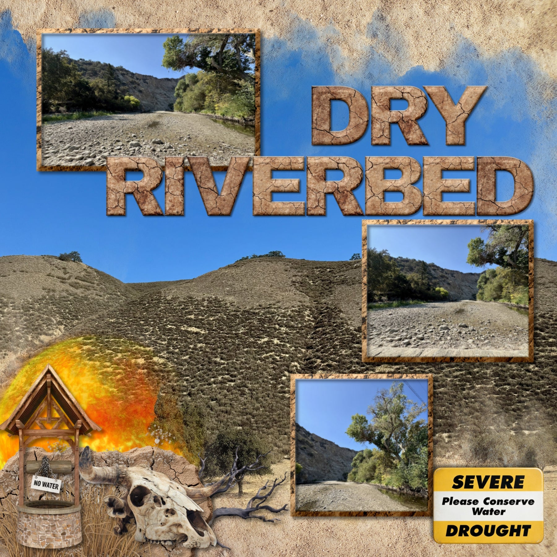 Create one-of-a-kind digital scrapbooking pages with these cracked and weathered realistic embellishments, papers, metal signs, and alpha sets by Lucky Girl Creative digital art. Perfect for drought, summer, desert, savanna, western, cowboy, and dirt bike adventures, as well as outdoor and nature pages! Embellishments include vulture, insect, cockroach, grasshopper, kangaroo mouse, lizard, prairie dog, ran, sheep, turtle, tortoise, bandana, dry, branch, climate, sink hold, cracked earth, dead tree, pipe