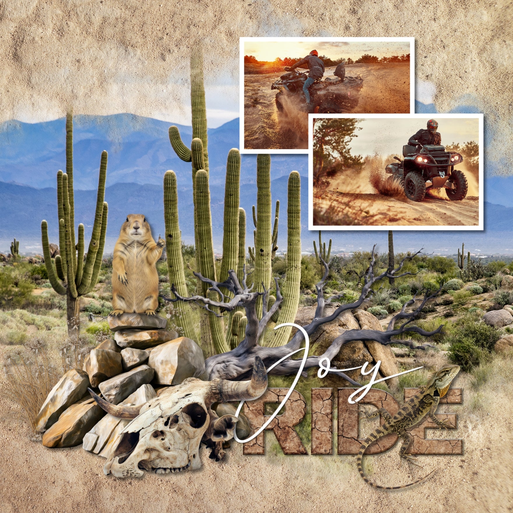 Create one-of-a-kind digital scrapbooking pages with these cracked and weathered realistic embellishments, papers, metal signs, and alpha sets by Lucky Girl Creative digital art. Perfect for drought, summer, desert, savanna, western, cowboy, and dirt bike adventures, as well as outdoor and nature pages! Embellishments include vulture, insect, cockroach, grasshopper, kangaroo mouse, lizard, prairie dog, ran, sheep, turtle, tortoise, bandana, dry, branch, climate, sink hold, cracked earth, dead tree, pipe