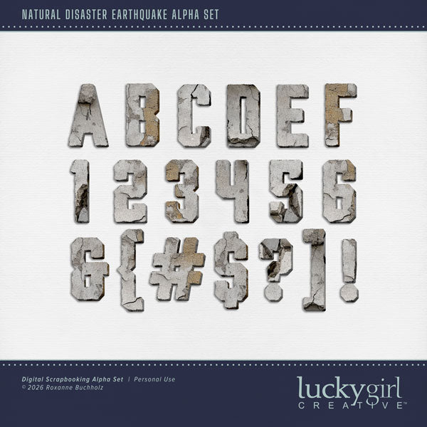 Create one-of-a-kind page titles with these broken and cracked concrete alphabet letters, numbers, and punctuation by Lucky Girl Creative digital art. Perfect for experiencing earthquakes in California, urban city adventures, as well as outdoor and nature digital scrapbooking pages! The alpha set consists of a full set of digital art uppercase alphabet letters A-Z, lowercase numbers 0-9, and most punctuation marks. This alpha set is available as individual embellishments only.