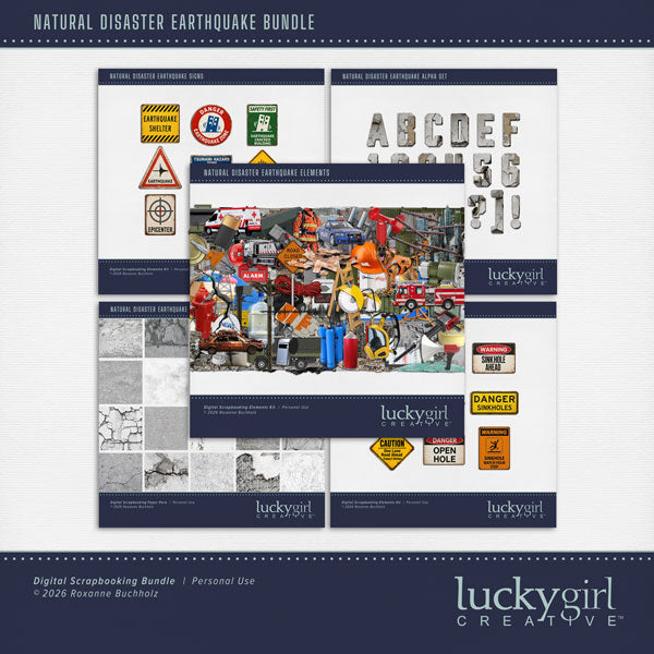 These realistic embellishments, cracked papers, metal signs, and alpha set by Lucky Girl Creative digital art will add a bit of authenticity to your earthquake digital scrapbooking pages. Perfect for experiencing earthquakes in California, urban city adventures, and historical travel sites, as well as outdoor and nature pages! Signs include dog, German Shepherd, rescue, battery, broken glass, destroyed building, damage, cell tower, cement, concrete, broken, ruin, cracked, cracks, downtown, Seismograph