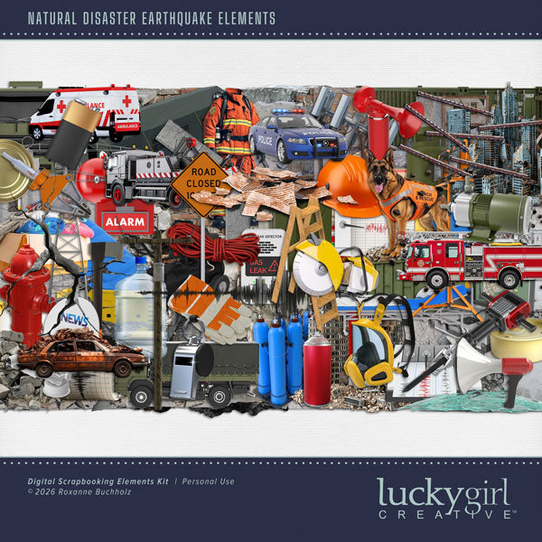 These realistic embellishments by Lucky Girl Creative digital art will add a bit of authenticity to your earthquake digital scrapbooking pages. Perfect for experiencing earthquakes in California, urban city adventures, and historical travel sites, as well as outdoor and nature pages! Signs include dog, German Shepherd, rescue, battery, broken glass, destroyed building, damage, cell tower, cement, concrete, broken, ruin, cracked, cracks, downtown, Seismograph, seismic, fire alarm, escape route, food