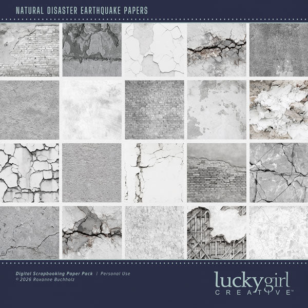 These realistic broken and cracked concrete backgrounds by Lucky Girl Creative digital art will add a bit of authenticity to your earthquake digital scrapbooking pages. Perfect for experiencing earthquakes in California, urban city adventures, and historical travel sites, as well as outdoor and nature pages! This kit is included in the Natural Disaster Earthquake Bundle.