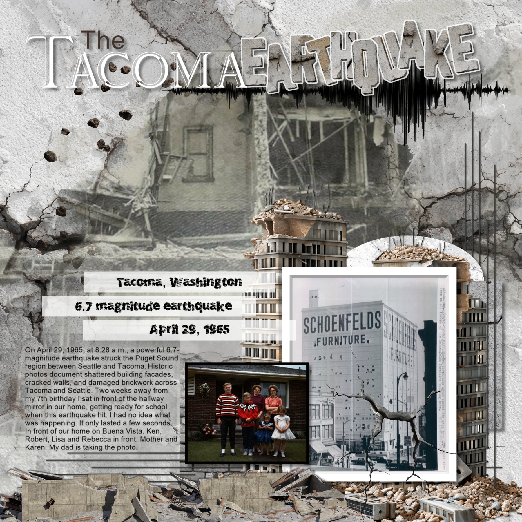 These realistic embellishments, cracked papers, metal signs, and alpha set by Lucky Girl Creative digital art will add a bit of authenticity to your earthquake digital scrapbooking pages. Perfect for experiencing earthquakes in California, urban city adventures, and historical travel sites, as well as outdoor and nature pages! Signs include dog, German Shepherd, rescue, battery, broken glass, destroyed building, damage, cell tower, cement, concrete, broken, ruin, cracked, cracks, downtown, Seismograph