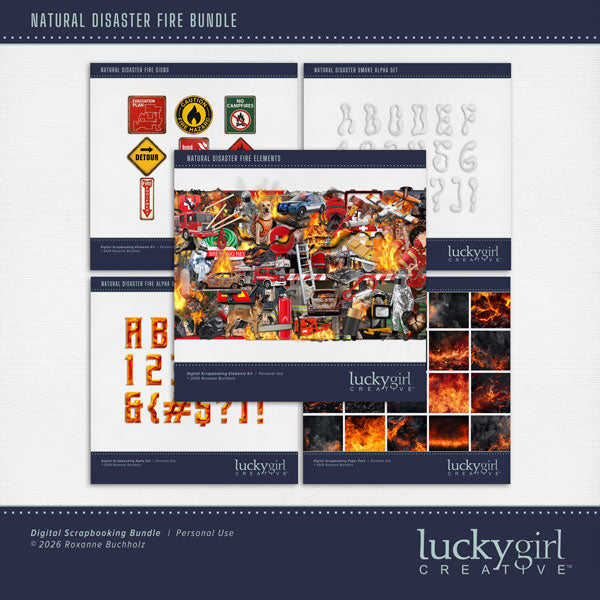 These realistic embellishments, papers, metal signs, and alpha sets by Lucky Girl Creative digital art will add a bit of authenticity to your fire digital scrapbooking pages. Perfect for surviving brush fires, forest fires, volcano eruptions, and house fires. Embellishments include German Shepherd, dog, search and rescue, battery, burn, burnt, burned, carabiner, caution tape, charcoal, cigarette, boots, gloves, helmet, jacket, pants, fireman, container, cot, crack, destroyed chair, charred computer, broken 