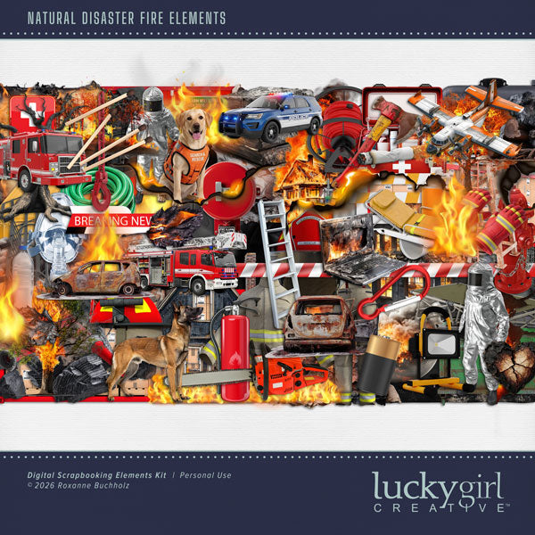 These realistic embellishments by Lucky Girl Creative digital art will add a bit of authenticity to your fire digital scrapbooking pages. Perfect for surviving brush fires, forest fires, volcano eruptions, and house fires. Embellishments include German Shepherd, dog, search and rescue, battery, burn, burnt, burned, carabiner, caution tape, charcoal, cigarette, boots, gloves, helmet, jacket, pants, fireman, container, cot, crack, destroyed chair, charred computer, broken heart, burned books, emergency, exit 