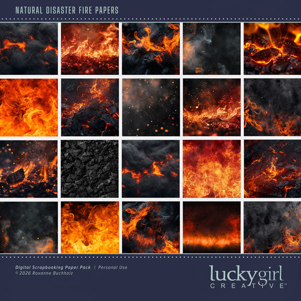 These realistic backgrounds by Lucky Girl Creative digital art will add a bit of authenticity to your fire digital scrapbooking pages. Perfect for surviving brush fires, forest fires, house fires, volcano eruptions, and camping pages. This kit is included in the Natural Disaster Fire Bundle.