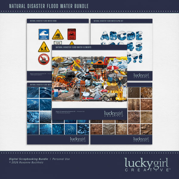 These realistic embellishments, papers, metal signs, and alpha set by Lucky Girl Creative digital art will add a bit of authenticity to your flood water digital scrapbooking pages. Perfect for experiencing floods and rescues, as well as outdoor and nature pages! Signs include cat, dog, attic stairs, battery, boat, raft, bridge, building, cloud, dam, damaged furniture, mattress, ruined chair, dirty clothes, drainage pipe, duffle bag, emergency lights, donated food, box of food, tin cans, fuel, generator