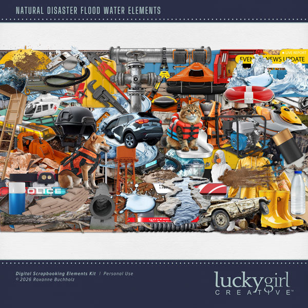 These realistic embellishments by Lucky Girl Creative digital art will add a bit of authenticity to your flood water digital scrapbooking pages. Perfect for experiencing floods and rescues, as well as outdoor and nature pages! Signs include cat, dog, attic stairs, battery, boat, raft, bridge, building, cloud, dam, damaged furniture, mattress, ruined chair, dirty clothes, drainage pipe, duffle bag, emergency lights, donated food, box of food, tin cans, fuel, generator, broken glass, globe, Ham radio, hazmat 