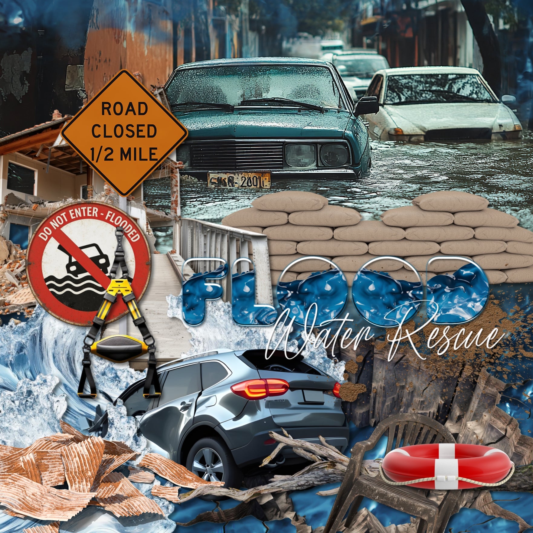 These realistic embellishments, papers, metal signs, and alpha set by Lucky Girl Creative digital art will add a bit of authenticity to your flood water digital scrapbooking pages. Perfect for experiencing floods and rescues, as well as outdoor and nature pages! Signs include cat, dog, attic stairs, battery, boat, raft, bridge, building, cloud, dam, damaged furniture, mattress, ruined chair, dirty clothes, drainage pipe, duffle bag, emergency lights, donated food, box of food, tin cans, fuel, generator