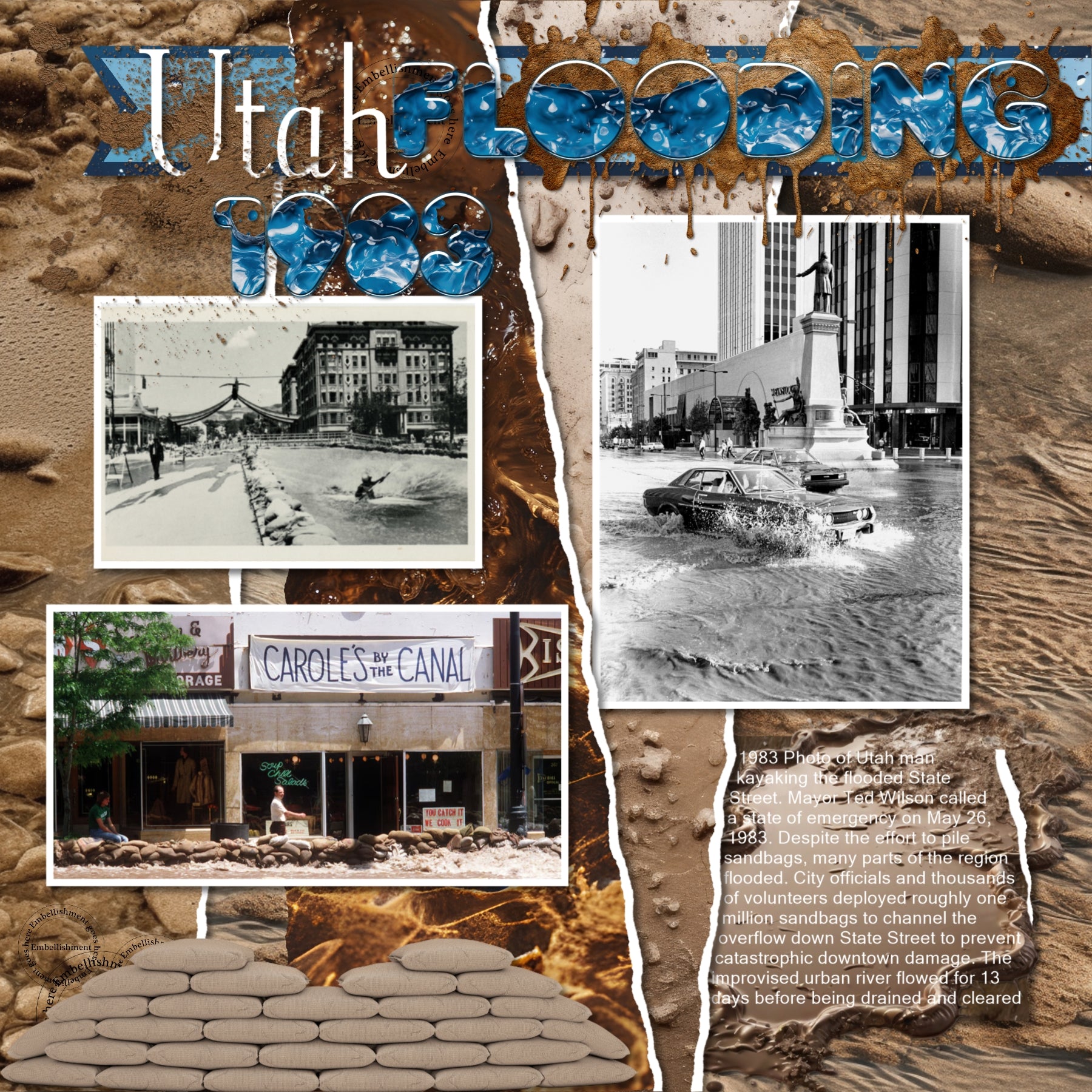 These realistic embellishments, papers, metal signs, and alpha set by Lucky Girl Creative digital art will add a bit of authenticity to your flood water digital scrapbooking pages. Perfect for experiencing floods and rescues, as well as outdoor and nature pages! Signs include cat, dog, attic stairs, battery, boat, raft, bridge, building, cloud, dam, damaged furniture, mattress, ruined chair, dirty clothes, drainage pipe, duffle bag, emergency lights, donated food, box of food, tin cans, fuel, generator