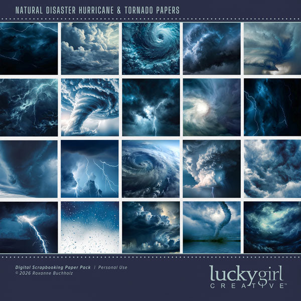 These realistic stormy sky backgrounds by Lucky Girl Creative digital art will add a bit of authenticity to your hurricane, tornado, and high wind digital scrapbooking pages. Perfect for surviving hurricane, tornado, high water, and flood conditions. This kit is included in the Natural Disaster Hurricane & Tornado Bundle.
