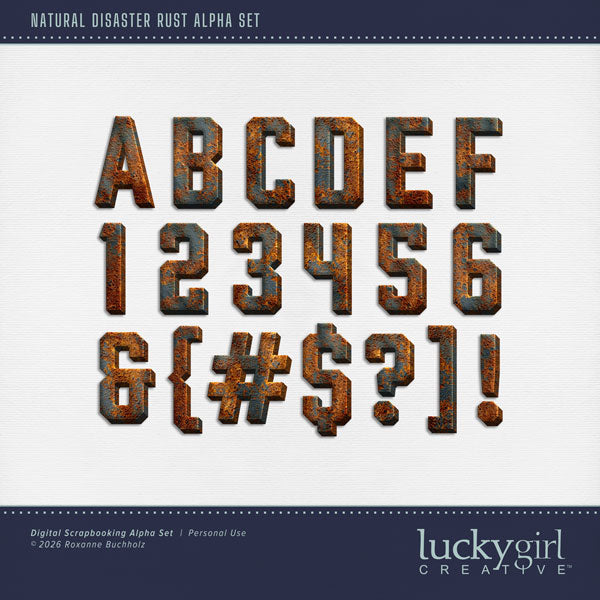 Create one-of-a-kind page titles with these rust and patina alphabet letters, numbers, and punctuation. Perfect for documenting natural disasters, historic vacation sites, vintage, and everyday pages, too! The alpha set consists of a full set of digital art uppercase alphabet letters A-Z, lowercase numbers 0-9, and most punctuation marks. This alpha set is available as individual embellishments only. This kit is included in the Natural Disaster Bundle.