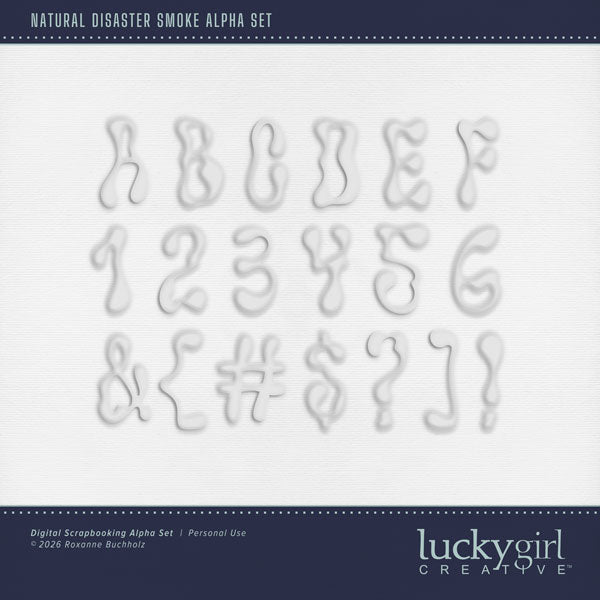 Create one-of-a-kind page titles with these smokey alphabet letters, numbers, and punctuation by Lucky Girl Creative digital art. Perfect for surviving brush fires, forest fires, volcano eruptions, and even Halloween as spooky ghost letters. The alpha set consists of a full set of digital art uppercase alphabet letters A-Z, lowercase numbers 0-9, and most punctuation marks. This alpha set is available as individual embellishments only. This kit is included in the Natural Disaster Fire Bundle.