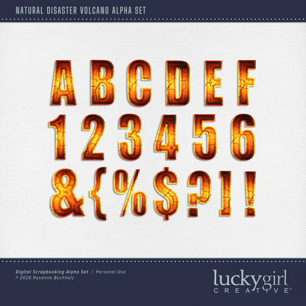 Create one-of-a-kind page titles with these hot fire and molten lava alphabet letters, numbers, and punctuation by Lucky Girl Creative digital art. Perfect for volcano adventures in Hawaii, camping trips, and bonfires, as well as outdoor and nature pages! The alpha set consists of a full set of digital art uppercase alphabet letters A-Z, lowercase numbers 0-9, and most punctuation marks. This alpha set is available as individual embellishments only. 