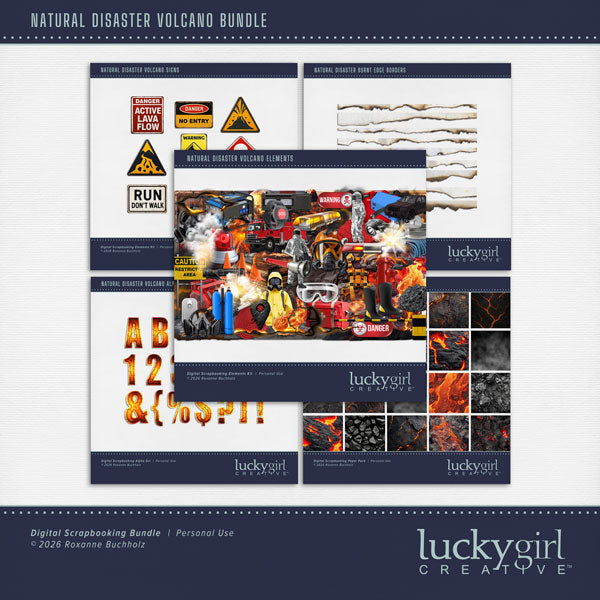 These realistic natural disaster elements, molten lava papers, metal signs, and hot alpha set by Lucky Girl Creative digital art will add a bit of authenticity to your volcano digital scrapbooking pages. Perfect for vacations to Hawaii, danger zones, and landslides, as well as outdoor and nature pages! Embellishments include burnt edges, fire, chemical suit, destroyed microwave, burned scrapbooks, emergency light, alarm, fire hydrant, smoke, explosion, fire suit, fireball, firehose, fireman, boots, jacket, 