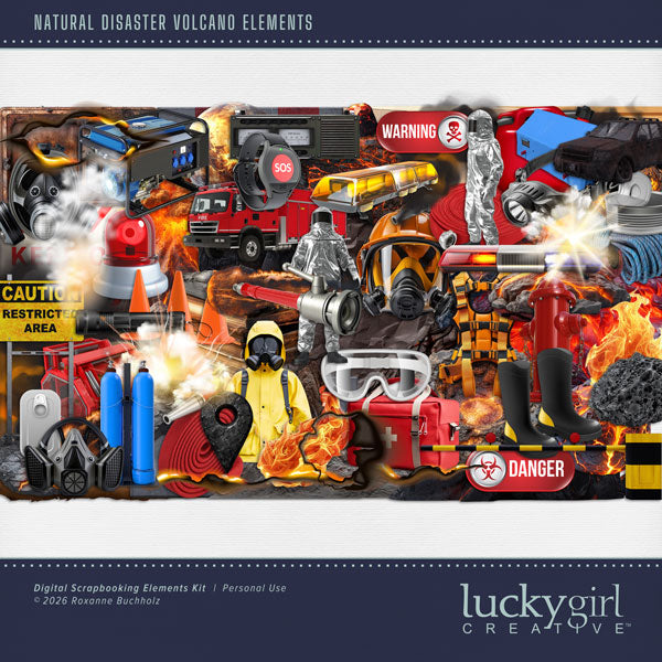 These realistic natural disaster elements by Lucky Girl Creative digital art with add a bit of authenticity to your volcano digital scrapbooking pages. Perfect for vacations to Hawaii, danger zones, and landslides, as well as outdoor and nature pages! Embellishments include burnt edges, fire, chemical suit, destroyed microwave, burned scrapbooks, emergency light, alarm, fire hydrant, smoke, explosion, fire suit, fireball, firehose, fireman, boots, jacket, flashlight, food storage box, tin can, food, fuel