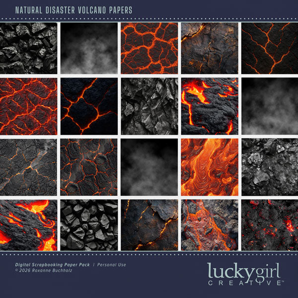Create one-of-a-kind digital scrapbooking pages with these hot molten lava background papers by Lucky Girl Creative digital art. Perfect for vacations to Hawaii as well as outdoor and nature pages! This kit is included in the Natural Disaster Volcano Bundle.