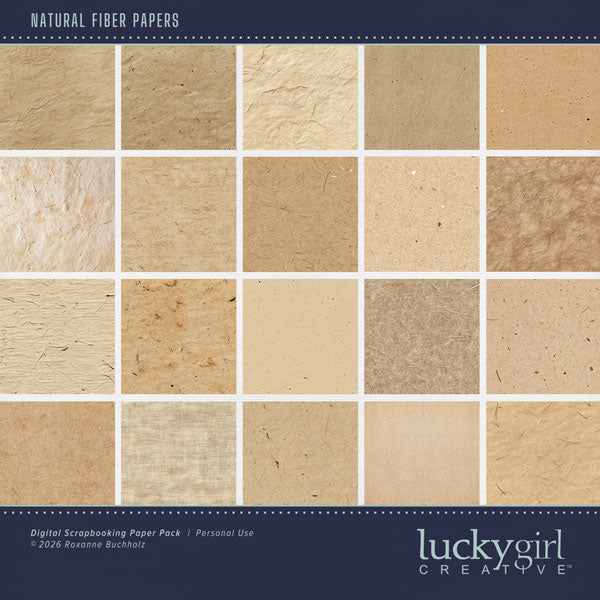 With handmade natural fibers, these digital scrapbooking background papers by Lucky Girl Creative digital art will add that touch of interest and authenticity to all your pages. This kit is included in the Paper Duo Natural Floral Kit.