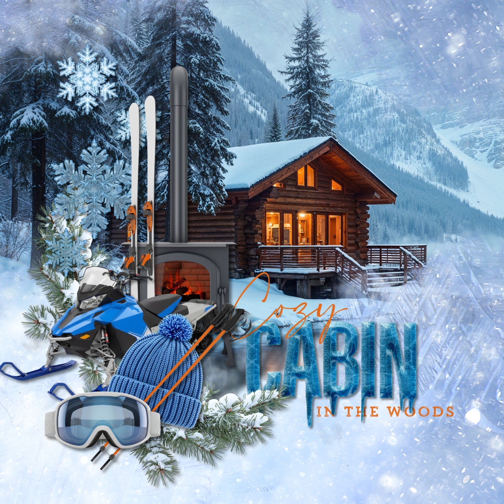 These realistic blizzard embellishments, icy papers, metal signs, and alpha sets by Lucky Girl Creative digital art will add a bit of authenticity to your winter digital scrapbooking pages. Perfect for blizzard, winter, snow, skiing, snowboarding, ice skating, and ice fishing as well as outdoor and nature pages! Embellishments include dog, St. Bernard, battery, cable, wench, car, auto, carabiner, cell tower, chimney, ice, coffee, evergreen bough, pine, fireplace, stove, first aid kit, flashlight, globe