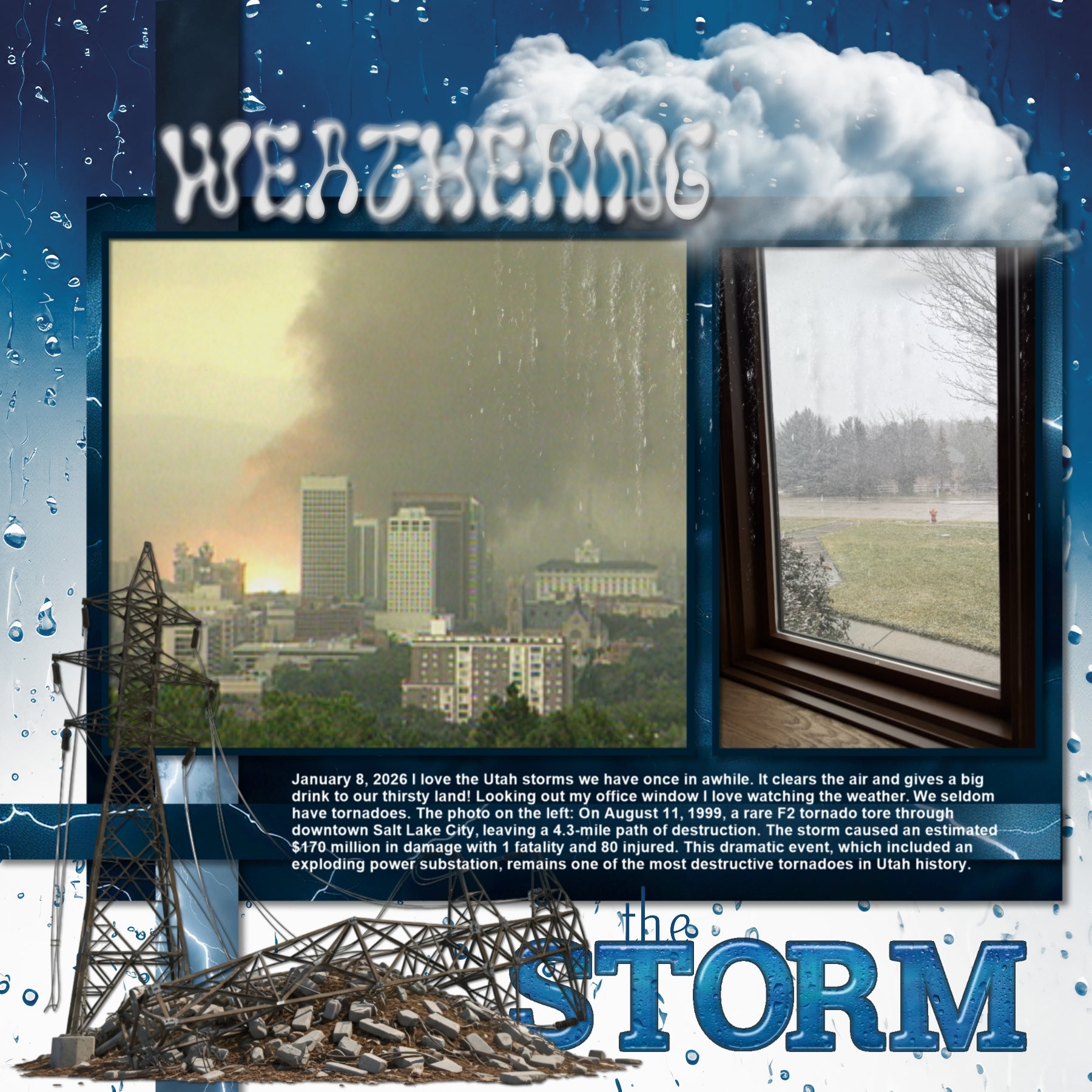 These realistic embellishments, papers, metal signs, and alpha set by Lucky Girl Creative digital art will add a bit of authenticity to your severe wind digital scrapbooking pages. Perfect for surviving tsunami, hurricane, tornado, high water, and flood conditions. Embellishments include dog, battery, disaster, ruin, rubbish, trash, broken glass, bricks, destroyed building, destroyed barn, caution tape, road barriers, couch, broken doll, water bag, duffle bag, powerlines, lights, exit door, flashlight