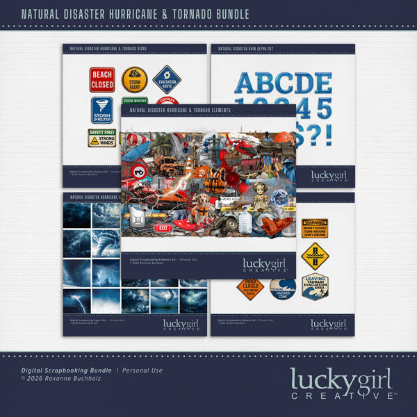 These realistic embellishments, papers, metal signs, and alpha set by Lucky Girl Creative digital art will add a bit of authenticity to your severe wind digital scrapbooking pages. Perfect for surviving tsunami, hurricane, tornado, high water, and flood conditions. Embellishments include dog, battery, disaster, ruin, rubbish, trash, broken glass, bricks, destroyed building, destroyed barn, caution tape, road barriers, couch, broken doll, water bag, duffle bag, powerlines, lights, exit door, flashlight