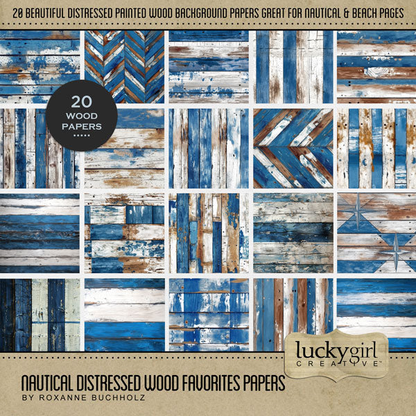 These distressed blue and white wood panel background papers by Lucky Girl Creative digital art are wonderful for outdoor and nature pages as well as beach vacations and ocean adventures. This kit is included in the Nautical Favorites Papers Bundle.