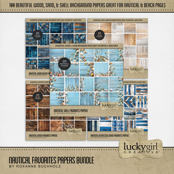 These distressed wood panel background papers by Lucky Girl Creative digital art with accents of shells and sand are wonderful for outdoor and nature pages as well as beach vacations and ocean adventures.