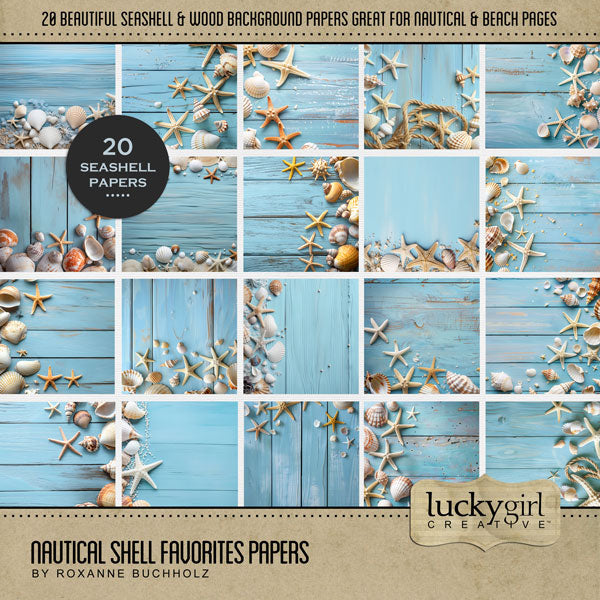 These light blue wood and seashell background papers by Lucky Girl Creative digital art are wonderful for outdoor and nature pages and nautical, beach vacations. This kit is included in the Nautical Favorites Papers Bundle.