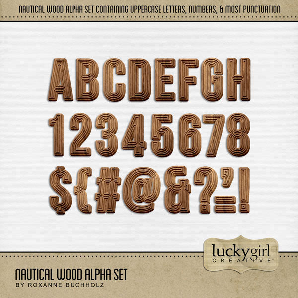 Beautifully designed, these digital scrapbooking alphabet letters, numbers, and punctuation by Lucky Girl Creative digital art are perfect for page titles documenting beach and ocean vacations as well as western and cowboy adventures. The Nautical Wood Alpha Set consists of a full set of digital art uppercase letters A-Z, numbers 0-9, and most punctuation. This alpha set is available as individual embellishments only. This kit is included in the Beach Watercolor Bundle.