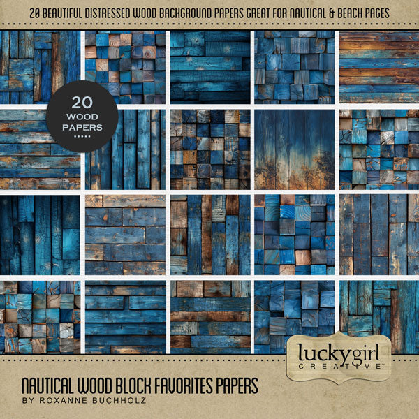 These blue and brown weathered wood background papers by Lucky Girl Creative digital art are wonderful for outdoor and nature, nautical vacations, camping, and everyday projects, too! This kit is included in the Nautical Favorites Papers Bundle.