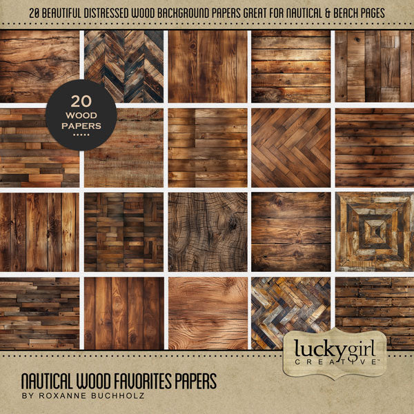 These brown weathered wood background papers by Lucky Girl Creative digital art are wonderful for outdoor and nature, nautical vacations, camping, western, and everyday projects, too! This kit is included in the Nautical Favorites Papers Bundle.