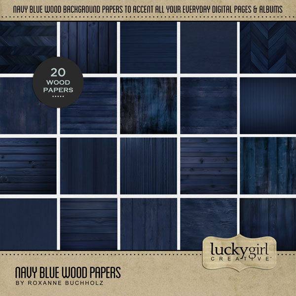 Accent your traditional seasonal pages with these navy blue wood grain papers by Lucky Girl Creative digital art for digital scrapbooking. Great for winter, beach, ocean, and everyday pages, too! This kit is included in the Winter Season Papers Bundle.