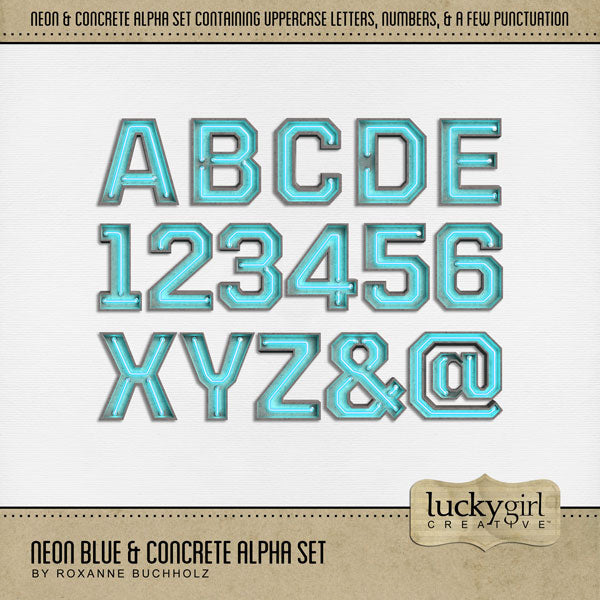 Great for creating one-of-a-kind titles for your digital scrapbooking pages, these neon alphabet letters and numbers by Lucky Girl Creative digital art are perfect for layering with your favorite photos and can be used for all themes and occasions. This alpha set is available as individual embellishments only. This alpha set kit is included in the Neon & Concrete Alpha Bundle.