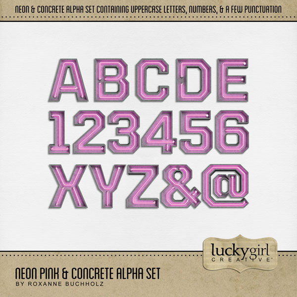 Great for creating one-of-a-kind titles for your digital scrapbooking pages, these neon alphabet letters and numbers by Lucky Girl Creative digital art are perfect for layering with your favorite photos and can be used for all themes and occasions. This alpha set is available as individual embellishments only. This alpha set kit is included in the Neon & Concrete Alpha Bundle.